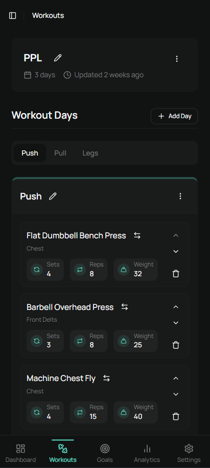 Workout builder showing a Push/Pull/Legs program