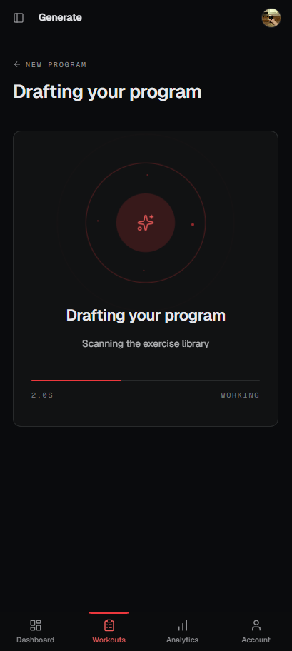 outliftr drafting a training program with AI, scanning the exercise library.