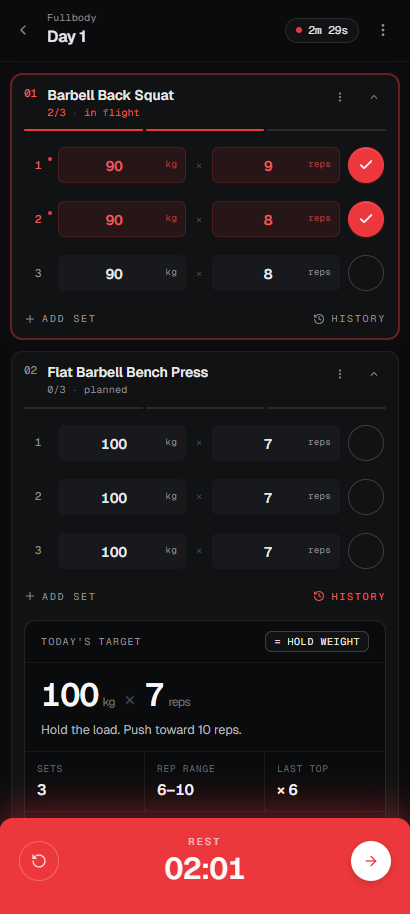 The outliftr session screen mid-workout: barbell back squat with sets logged, today’s target, and the rest timer running.